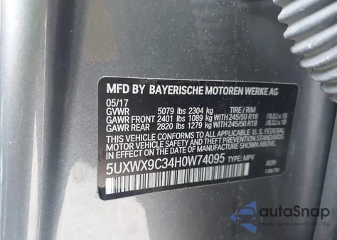 2017 BMW X3 xDrive28I from USA, damaged, VIN 5UXWX9C34H0W74095
